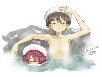 black_hair commentary_request komari_chika leaning_back make_heroine_ga_oo_sugiru! mixed-sex_bathing nukumizu_kazuhiko onsen red_hair relaxing shared_bathing steam towel towel_on_head toyosora wet wet_hair