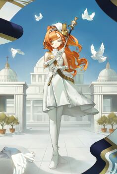 1girl absurdres banner bare_shoulders beret bird blue_sky boots braid braided_sidelock building commentary day dress full_body gloves green_eyes half-closed_eyes hand_up hat highres holding_baton iqbqlz marching_band_baton official_alternate_costume orange_hair outdoors pantyhose plant potted_plant reverse:1999 sash short_dress shoulder_sash sky sleeveless sleeveless_dress smile solo sonetto_(parade_anthem)_(reverse:1999) sonetto_(reverse:1999) two_side_up white_bird white_boots white_dress white_gloves white_hat white_pantyhose yellow_sash