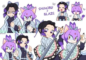 2girls :d angry animal_ears black_hair blaze_the_cat blush bug butterfly butterfly_hair_ornament cat_ears cat_girl cat_tail closed_eyes demon_slayer_uniform forehead_jewel fur-trimmed_gloves fur_trim furry furry_female gloves gradient_hair hair_ornament haori highres insect japanese_clothes kimetsu_no_yaiba kochou_shinobu long_sleeves looking_at_viewer multicolored_hair multiple_girls open_mouth parted_bangs ponytail purple_eyes purple_fur purple_hair short_hair simple_background smile sonic_(series) sword tail thumbs_up twixei0 weapon white_gloves yellow_eyes