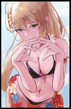 Rule 34 | 1girl, aqua eyes, bikini, black bikini, blonde hair, blue background, breasts, centaureissi (girls' frontline 2), cleavage, closed mouth, collarbone, commentary request, four-finger heart hands, frilled bikini, frills, g36 (50 days with g36) (girls' frontline), g36 (girls' frontline), girls' frontline, girls' frontline 2: exilium, heart, heart hands, highres, light smile, long hair, looking at viewer, official alternate costume, orange sarong, sarong, solo, swimsuit, umano sora