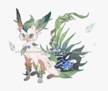 animal_focus blue_flower chinese_commentary colored_sclera commentary_request commission fern flower full_body gen_4_pokemon green_eyes green_sclera highres kamier586 leaf leafeon looking_at_viewer nintendo no_humans original pokemon pokemon_(creature) pokemon_focus sample_watermark simple_background sitting solo watermark white_background