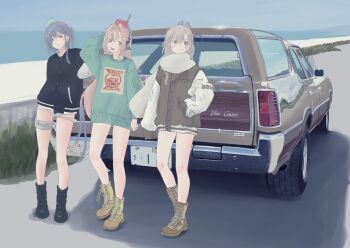 3girls alternate_costume black_jacket boots cat day drum_(kancolle) full_body green_sweater grey_hair hand_on_own_hip hat headgear highres jacket kanno_wagon kantai_collection lace-up_boots letterman_jacket multiple_girls outdoors pink_hair red_hat scamp_(kancolle) scarf side_ponytail sweater vehicle_request wahoo_(kancolle) white_scarf
