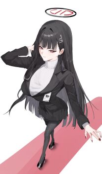 absurdres black_hair black_leggings blue_archive breasts commentary formal_clothes halo hand_in_own_hair high_heels highres icetabetaaii large_breasts leggings long_hair looking_at_viewer millennium_science_school_logo nail_polish red_eyes rio_(blue_archive) smile suit sweater symbol-only_commentary walking white_sweater
