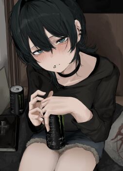 1girl bags_under_eyes black_choker black_hair black_shirt blue_eyes blue_shorts book can choker commentary cowboy_shot drink_can earclip energy_drink face_piercing fur-trimmed_shorts fur_trim highres holding holding_can indoors lip_piercing looking_at_viewer medium_hair monster_energy original parted_lips piercing shirt shorts sitting solo ti28domiro