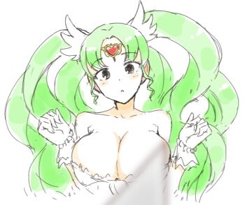 Rule 34 | 1girl, 9rimson, bare shoulders, black eyes, blurry, blurry foreground, blush, breasts, cleavage, commentary request, cropped torso, falulu, falulu (awakened), forehead jewel, gem, gloves, green hair, hair ornament, hands up, headphones, heart-shaped gem, large breasts, long hair, looking at viewer, parted bangs, parted lips, pretty series, pripara, red gem, simple background, sketch, solo, white background, white gloves, wing hair ornament