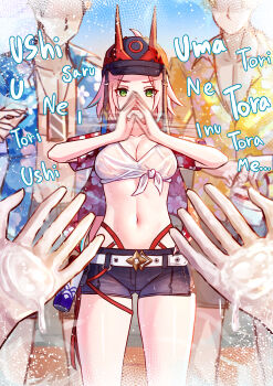 1girl 3boys absurdres black_shorts breasts cleavage fake_horns green_eyes hawaiian_shirt highres honkai:_star_rail honkai_(series) horned_headwear horns jimpu6 large_breasts long_hair lotion midriff multiple_boys navel pink_hair rappa_(honkai:_star_rail) shirt short_shorts shorts suggestive_fluid thighs tied_shirt white_shirt