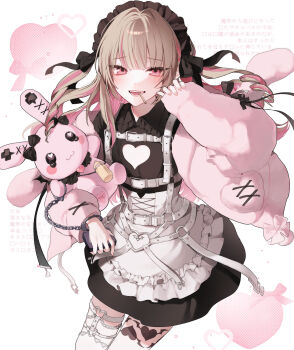 1girl absurdres animal_hood apron belt black_dress black_headdress black_ribbon blunt_bangs blush chain chest_harness cleavage_cutout clothing_cutout collared_dress colored_inner_hair corset cowboy_shot cross-laced_clothes cross-laced_corset cuffs dress drill_hair fangs flat_chest frilled_shirt_collar frills furrowed_brow grey_hair hair_intakes hand_up handcuffs harness heart heart_cutout heart_o-ring highres holding holding_stuffed_toy hood hood_down hooded_jacket jacket leg_tattoo long_hair looking_at_viewer loose_belt maid maid_headdress makaino_ririmu makaino_ririmu_(5th_costume) mouth_hold multicolored_hair multiple_belts nail_polish nijisanji o-ring o-ring_belt o-ring_thigh_strap off_shoulder open_clothes open_jacket orion_cocoa_cigarettes parted_lips pink_hair pink_jacket pink_nails pocket pointy_ears rabbit_hood ran_(v17071107) red_eyes ribbon short_dress sidelocks simple_background sleeves_past_wrists smile solo streaked_hair stuffed_animal stuffed_rabbit stuffed_toy tattoo teeth_hold text_background thigh_strap two_side_up virtual_youtuber waist_apron white_apron white_background white_belt white_corset winged_heart winged_heart_tattoo