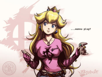 1girl alternate_costume belt blonde_hair blue_eyes bracelet cable casual controller crown detached_sleeves earrings english_text female_focus game_console game_controller jay_phenrix jewelry kirby_(series) long_hair mario_(series) meta_knight mushroom nintendo open_fly pendant plug princess princess_peach smile solo star_(symbol) super_mushroom super_smash_bros. unzipped v-neck watermark