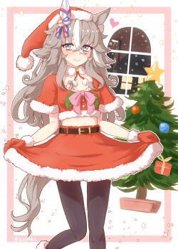 1girl absurdres animal_ears belt blue_eyes blush breasts christmas christmas_tree collarbone gloves grey_hair hair_between_eyes hair_ornament highres horse_ears horse_tail midriff navel pantyhose santa_costume small_breasts smile snow solo szykkz tail thick_eyebrows umamusume wonder_acute_(umamusume)