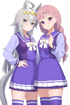 2girls absurdres ahoge animal_ears astroglia_cyte blue_eyes blush braid braided_ponytail character_request closed_mouth commission grey_hair highres horse_ears horse_girl horse_tail long_hair long_sleeves looking_at_viewer multiple_girls oguri_cap_(umamusume) pink_hair pleated_skirt purple_eyes purple_skirt school_uniform skeb_commission skirt tail thighhighs tracen_school_uniform umamusume zettai_ryouiki