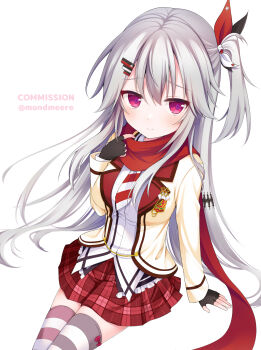 1girl adjusting_scarf arm_at_side asymmetrical_legwear black_gloves black_ribbon blush breasts closed_mouth commentary commission cowboy_shot diagonal-striped_clothes diagonal-striped_necktie english_text fingerless_gloves furrowed_brow gloves grey_hair hair_between_eyes hair_ornament hair_ribbon hairclip hanasaki_work_spring hand_up highres large_breasts long_hair long_scarf long_sleeves looking_at_viewer miniskirt mismatched_legwear necktie one_side_up parallel_hairclips plaid_clothes plaid_skirt pleated_skirt red_eyes red_ribbon red_scarf red_skirt ribbon rnond scarf school_uniform shiranui_inori shirt sidelocks simple_background sitting skeb_commission skirt smile solo striped_clothes striped_thighhighs thighhighs very_long_hair white_background white_ribbon white_shirt zettai_ryouiki