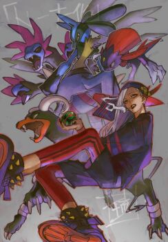 Rule 34 | 1girl, gen 2 pokemon, gen 4 pokemon, gen 5 pokemon, grey background, grey hair, highres, houndoom, hydreigon, lucario, nintendo, original, pokemon, simple background, smoke, smoking, tagme, urana kei, weavile