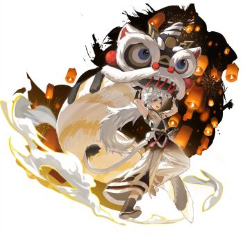 1boy animal_ears black_boots boots fireworks hashtag-only_commentary highres lantern lingyang_(wuthering_waves) lion_boy lion_dance lion_ears lion_tail looking_at_viewer luosaihuer male_focus night night_sky open_mouth paper_lantern ponytail shirt sky sky_lantern sleeveless sleeveless_shirt smile tacet_mark_(wuthering_waves) tail white_hair wuthering_waves