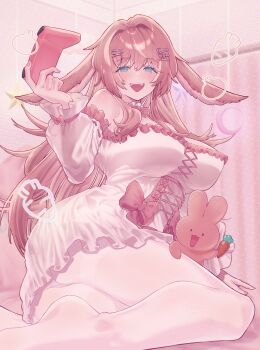 1girl :d absurdres bare_shoulders blue_eyes blush breasts carrot commission controller detached_sleeves dress game_controller hair_ornament hairclip highres holding holding_controller holding_game_controller indoors large_breasts long_sleeves looking_at_viewer open_mouth original pantyhose pink_hair shirogami_seisho sitting skeb_commission smile solo teeth upper_teeth_only white_dress white_pantyhose x_hair_ornament