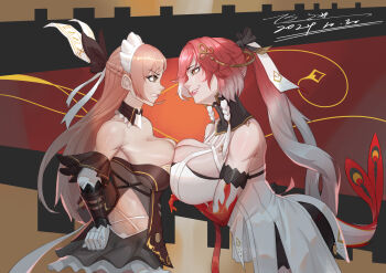 Rule 34 | 2girls, absurdres, angry, ann (forever 7th capital), arm under breasts, asymmetrical docking, bare shoulders, black collar, blonde hair, body markings, braid, breast press, breasts, changli (wuthering waves), cleavage, clothing cutout, collar, colored extremities, commentary request, detached collar, detached hair, detached sleeves, dress, forever 7th capital, gloves, grey eyes, hair extensions, hair ornament, highres, huge breasts, large breasts, leaning forward, long hair, looking at another, maid, maid headdress, multicolored hair, multiple girls, parted lips, pink hair, pink lips, pixiv 1598672711, red hands, ring hair extensions, smile, tacet mark (wuthering waves), teeth, twin braids, two-tone hair, white dress, white gloves, white hair, wuthering waves, yellow eyes