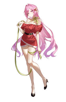 1girl absurdres alternate_costume bad_id bad_pixiv_id bare_legs bare_shoulders belt black_belt black_shoes breasts choker cleavage commentary cyrene_(honkai:_star_rail) cyrene_(ripples_of_past_reverie)_(honkai:_star_rail) dress full_body hair_ornament head_tilt high_heels highres holly_hair_ornament honkai:_star_rail honkai_(series) large_breasts lipton_(user_nfaw4242) long_hair off-shoulder_dress off_shoulder pink_hair pointy_ears purple_eyes red_dress ribbon_choker shoes short_dress short_sleeves simple_background solo standing very_long_hair white_background yellow_choker
