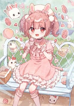 1girl :d animal animal_ears bench black_choker blunt_bangs blush bow bow_legwear bowtie brown_hair choker commentary_request commission cup dress feet_out_of_frame food frilled_dress frilled_socks frills hair_ornament hat holding holding_cup ice_cream indie_virtual_youtuber kneehighs kohanai_momomi looking_at_viewer open_mouth pink_bow pink_bowtie pink_dress pink_socks pom_pom_(clothes) pom_pom_hair_ornament rabbit rabbit_ears rabbit_girl red_eyes short_hair short_sleeves sidelocks sitting skeb_commission sleeve_bow smile socks solo tsukumi_bis twintails virtual_youtuber white_hat