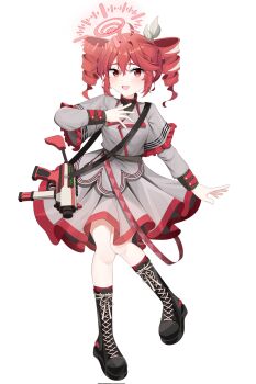 1girl adapted_costume ahoge bag belt black_belt black_boots blue_archive blush boots bow dress drill_hair flat_chest grey_dress grey_skirt gun hair_between_eyes hair_bow hair_ribbon halo hand_up highres kasane_teto kasane_teto_(sv) kneehighs lace-up_boots layered_dress layered_sleeves long_sleeves looking_at_viewer musical_staff musical_staff_print open_mouth red_eyes red_hair red_socks red_trim reqware ribbon shoulder_bag shoulder_belt simple_background skirt skirt_set socks solo striped_clothes striped_dress synthesizer_v twin_drills utau weapon white_background white_bow white_ribbon