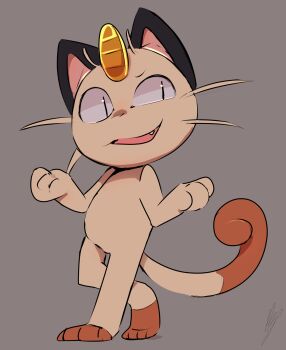 1other :3 animal_ears cat_ears cat_tail chibikemo coin commentary english_commentary fang full_body furry gen_1_pokemon grey_background highres looking_at_viewer meowth nintendo open_mouth other_focus pokemon pokemon_(creature) pokemon_focus shrugging simple_background slit_pupils solo standing tail walking whiskers wolfaroon