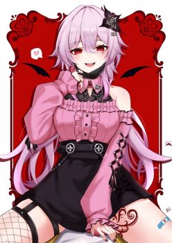 1girl bandaid black_nails black_skirt commentary_request criss-cross_halter earrings evernight_(honkai:_star_rail) fangs fishnets frills hair_between_eyes halterneck honkai:_star_rail honkai_(series) jewelry jirai_kei leg_tattoo long_hair looking_at_viewer march_7th_(honkai:_star_rail) mask mouth_mask pink_hair pink_shirt red_eyes shirt single_earring sitting skirt solo_focus tattoo thigh_strap tiizumaru98 tongue very_long_hair