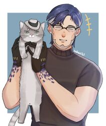 Rule 34 | 1boy, animal, beard, blue hair, cat, cheekbones, closed mouth, clothed animal, facial hair, facing viewer, full beard, glasses, grey hair, happy, highres, holding, holding animal, holding cat, laughing, longcat (meme), male focus, mature male, meme, multicolored hair, sena (tahoe1s1), short hair, solo, streaked hair, two-tone hair, upper body, wuthering waves, yuanwu (wuthering waves)