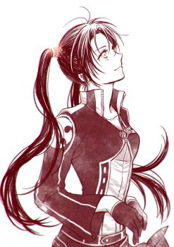 1girl absurdres antenna_hair asukawvm belt black_belt black_gloves black_hair black_jacket black_order_uniform black_shorts black_skirt collared_jacket d.gray-man front_zipper gloves hair_between_eyes hair_ornament hairclip highres jacket lenalee_lee long_hair long_sleeves looking_up miniskirt profile red_theme shorts sidelocks simple_background skirt smile solo striped_belt striped_clothes striped_jacket twintails vertical-striped_clothes vertical-striped_jacket white_background wide_sleeves zipper