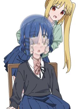 2girls black_jacket blonde_hair blue_hair bocchi_the_rock! chair dickneck disembodied_head dullahan green_jacket hair_ornament hairclip hands_on_another&#039;s_cheeks hands_on_another&#039;s_face highres ijichi_nijika jacket jbxpism misplaced_genitals multiple_girls on_chair penis penis_neck ponytail pussy shirt side_ponytail simple_background sitting textless_version uncensored what white_background white_shirt yamada_ryo yellow_eyes