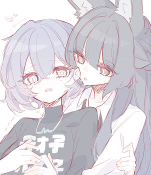2girls absurdres animal_ear_fluff animal_ears belle_(zenless_zone_zero) black_hair black_shirt blue_eyes blue_hair blush commentary_request ear_licking fox_ears heart highres hoshimi_miyabi hug hug_from_behind jewelry licking long_hair multiple_girls necklace open_mouth red_eyes saliva saliva_trail shirt short_hair tears tongue tongue_out turtleneck white_shirt yuri zenless_zone_zero zzzii0