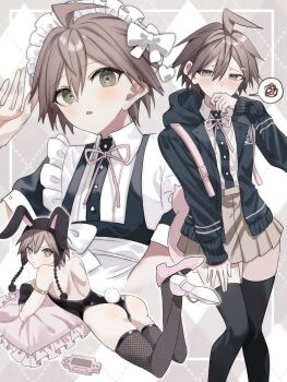 >:( 1boy ahoge animal_bag apron armlet ass backless_outfit bare_shoulders beanie black_gloves black_hat black_jacket black_sleeves black_thighhighs block_heels blush brown_eyes brown_skirt cat_bag collared_shirt commentary_request cosplay covering_own_mouth crossdressing crossdressing_(mtf) danganronpa:_trigger_happy_havoc danganronpa_(series) earflap_beanie embarrassed fishnet_thighhighs fishnets frilled_sleeves frills full_body game_boy_advance gloves gold_armlet green_eyes hair_between_eyes hair_ornament hairclip handheld_game_console hat heart high-waist_skirt high_heels highres hood hooded_jacket jacket jewelry lapels leotard looking_at_viewer lying maid maid_apron maid_headdress male_focus male_playboy_bunny miniskirt multiple_views naegi_makoto nanami_chiaki nanami_chiaki_(cosplay) neck_ribbon on_pillow on_stomach pigeon-toed pillow pink_bag pink_pillow pink_ribbon pink_shoes pout puffy_short_sleeves puffy_sleeves rabbit_ear_hat rabbit_tail ribbon runchelnln shirt shoes short_hair short_sleeves shoulder_blades skindentation skirt solo speech_bubble spoken_squiggle squiggle strapless strapless_leotard tail thigh_gap thighhighs upper_body v-shaped_eyebrows white_shirt zettai_ryouiki