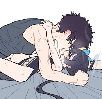 1boy 1girl after_kiss bed_sheet black_dress black_hair blue_archive blush china_dress chinese_clothes closed_eyes commentary dragon_print dress from_side grey_tank_top halo hetero highres hug je_o_mo kisaki_(blue_archive) loli looking_at_another saliva saliva_trail sensei_(blue_archive) sensei_(blue_archive_the_animation) sleeveless sleeveless_dress sweat tank_top tongue tongue_out yukadon