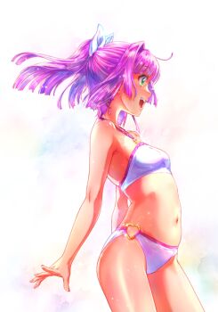 Rule 34 | 1girl, bikini, cowboy shot, green eyes, halterneck, heart ring swimsuit, long hair, navel, non-web source, official art, open mouth, photoshop (medium), pink hair, profile, solo, standing, swimsuit, twintails, umi monogatari, urin (umi monogatari)