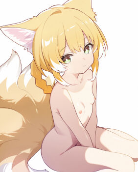 1girl animal_ear_fluff animal_ears arknights arms_between_legs blonde_hair braid breasts bright_pupils completely_nude expressionless fox_ears fox_girl fox_tail green_eyes hair_rings highres kitsune loli long_hair looking_at_viewer multicolored_hair multiple_tails nipples nude simple_background sitting small_breasts solo suzuran_(arknights) tail thighs two-tone_hair wariza white_background white_hair white_pupils zhishi_hanbao_bao