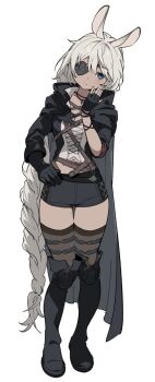 Rule 34 | 1girl, ainsophur, animal ears, black boots, black cloak, black gloves, black shorts, black thighhighs, boots, braid, cloak, commentary, commission, dark-skinned female, dark skin, eyepatch, final fantasy, final fantasy xiv, fingerless gloves, full body, genderswap, genderswap (mtf), gloves, head tilt, highres, knee boots, long hair, looking at viewer, mormormorp, rabbit ears, short shorts, shorts, solo, standing, thighhighs, viera, white hair