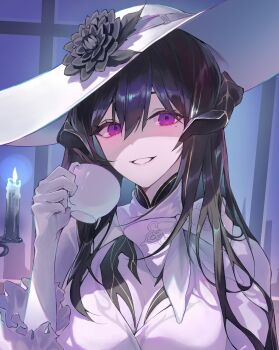 1girl black_flower black_hair breasts cleavage constance_(honkai:_star_rail) cup demon_girl demon_horns dress flower gloves hair_between_eyes hand_up hat hat_flower highres holding holding_cup honkai:_star_rail honkai_(series) horns ien_(to_yen) large_breasts long_hair looking_at_viewer parted_lips purple_eyes smile sun_hat teacup unfinished upper_body white_dress white_gloves white_hat