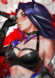 Rule 34 | 1girl, acheron (honkai: star rail), armor, bandaged hand, bandages, bare shoulders, black choker, black gloves, black shirt, breasts, chain, chain around arm, choker, cleavage, commentary, criss-cross halter, crop top, elbow gloves, english commentary, eyeliner, gloves, hair ornament, halterneck, highres, holding, holding sword, holding weapon, honkai: star rail, honkai (series), large breasts, long hair, looking ahead, makeup, multicolored hair, nixri, parted lips, purple eyes, purple hair, red eyeliner, shirt, shoulder armor, signature, single elbow glove, solo, stomach, streaked hair, sword, upper body, weapon