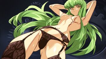 1girl armpits aseiusx black_garter_belt black_garter_straps black_panties breasts c.c. code_geass commentary english_commentary garter_belt garter_straps green_hair long_hair medium_breasts navel nipples orange_eyes panties parted_lips scar scar_on_chest solo stomach sweat thighs topless_female underwear
