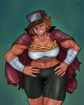 1girl abs bandaged_arm bandages blue_eyes breasts chain cleavage_cutout clothing_cutout coat coat_on_shoulders female_focus hands_on_own_hips hat highres jacket large_breasts looking_at_viewer midriff muscular muscular_arms muscular_female muscular_legs navel original sarashi sharp_teeth short_hair smile solo tan teasing teeth threatening veins veiny_arms veiny_thighs