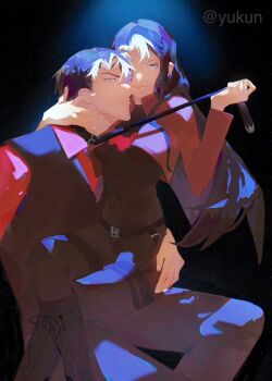 1boy 1girl bat_signal batman_(series) batman_symbol black_bodysuit black_hair black_necktie black_pants blue_eyes bodysuit breasts brown_jacket collared_shirt dc_comics dual_persona formal_clothes genderswap genderswap_(mtf) grey_bodysuit jacket jason_todd large_breasts long_hair multicolored_bodysuit multicolored_hair muscular muscular_male necktie open_clothes pants red_hood_(dc) shirt short_hair smile suit superhero_costume two-tone_bodysuit two-tone_hair white_hair yuyukonl