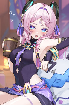 1girl armpits bare_shoulders black_gloves black_leotard blue_eyes blush braid citlali_(genshin_impact) citlalin_(genshin_impact) commentary cryo_symbol_(genshin_impact) cup fingerless_gloves fingernails floating_headgear genshin_impact gloves headgear highres holding holding_cup leotard long_hair looking_at_viewer multicolored_hair nail_polish open_mouth pink_hair pink_pupils purple_hair sitting solo tankard twin_braids ura_(hamburg_oniku) very_long_hair