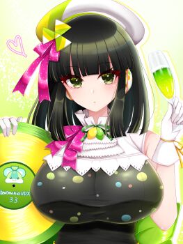 1girl absurdres beatmania_iidx beatmania_iidx_33_sparkle_shower bemani beret black_dress black_hair blunt_bangs blush bow breasts champagne_flute closed_mouth collar commentary_request cup dress drinking_glass expressionless gloves green_eyes green_ribbon hair_ribbon hat highres hinazuki_ririna holding holding_cup large_breasts looking_at_viewer medium_hair otachi_a pink_bow ribbon sleeveless sleeveless_dress solo upper_body white_collar white_gloves white_hat