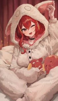 Rule 34 | 1girl, absurdres, akane lize, aray 1010, bed, blonde hair, commentary request, creature, curtains, fur (clothing), grey eyes, highres, indian style, korean commentary, mole, mole under eye, multicolored hair, nail polish, on bed, one eye closed, onesie, pienna (akane lize), pillow, red hair, red nails, sitting, stellive, streaked hair, teeth, upper teeth only, virtual youtuber