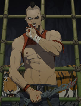 10s 1boy 2013 abs bandages belt black_hair blade blood blue_eyes cage dated far_cry far_cry_3 gb_(doubleleaf) grin knife male_focus mohawk pants parted_lips short_hair smile solo tiger vaas_montenegro wristband