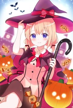 Rule 34 | 1girl, absurdres, bat (animal), blush, capelet, castle, commentary request, eins 9, gochuumon wa usagi desu ka?, halloween, halloween costume, hat, highres, hoto cocoa, jack-o'-lantern, orange hair, purple eyes, smile, witch