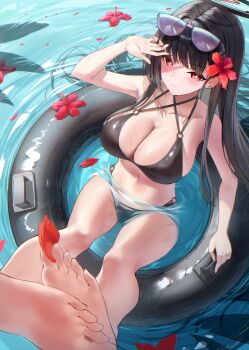 1girl absurdres arm_rest bare_shoulders beach between_toes bikini black_bikini black_hair black_halo blue_archive blush breasts bright_pupils cleavage closed_mouth collarbone commentary criss-cross_halter day english_commentary eyewear_on_head flower flower_on_liquid from_above hair_flower hair_ornament halo halterneck hand_in_own_hair hand_up highres holding_with_feet innertube large_breasts legs legs_up long_hair multicolored_halo navel o-ring o-ring_bikini ocean on_innertube outdoors petals petals_on_liquid purple-tinted_eyewear red_eyes red_flower ringed_eyes rio_(blue_archive) sidelocks sitting soles stomach sunlight swim_ring swimsuit thighs tinted_eyewear toes very_long_hair wakum water wet white_pupils