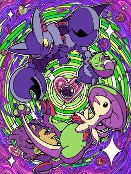 3others breloom colorful commentary full_body gameplay_mechanics gen_3_pokemon gen_4_pokemon gliscor heart highres multiple_others nintendo no_humans onigiri_debu open_mouth orb pincers poison poison_heal_(pokemon_ability) pokemon pokemon_(creature) pokemon_ability pokemon_focus sharp_teeth shroomish sparkle substitute_(pokemon) symmetry teeth trait_connection wings yellow_eyes