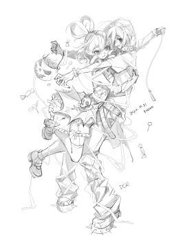 2girls 80isiiii absurdres alternate_costume artist_name bandages candy collar commentary dated dress drill_hair drill_sidelocks food full_body greyscale hair_rings halloween halloween_bucket halloween_costume highres hug jack-o'-lantern kaku_seiga miyako_yoshika monochrome multiple_girls outstretched_arms pants shirt shoes sidelocks sketch skull spiked_collar spikes symbol-only_commentary thighhighs touhou zombie_pose