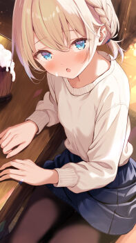 1girl :o beer_mug black_pantyhose blonde_hair blue_eyes blue_sky blush braid commentary_request cowboy_shot cup denim denim_skirt esia_mariveninne_(komone_ushio) from_above highres komone_ushio long_sleeves looking_at_viewer looking_up mug open_mouth original pantyhose short_hair side_braid sitting skirt sky solo sweater table white_sweater