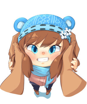 1girl a_hat_in_time aqua_scarf blue_eyes blue_pants blush boots brown_boots brown_hair cheek_poking coat disembodied_hand from_above grin hair_ornament hands_on_another's_face hands_on_another's_hands hands_on_another's_head hat hat_kid highres kiwoseo_meogneundas knit_hat korean_commentary medium_hair pants pink_coat poking pov scarf sidelocks simple_background smile snowflake_hair_ornament teeth white_background
