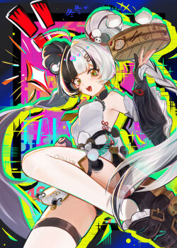! !! +++ 1girl abstract_background absurdres ahoge animal_print bamboo_steamer bare_shoulders bear_print black_hair black_shoes braid braided_twintails china_dress chinese_clothes commentary_request detached_sleeves dialyn_(zenless_zone_zero) double_bun dress dumpling earrings food hair_bun hair_extensions hair_intakes hair_ornament hairclip hand_up heart highres holding_bamboo_steamer jewelry leg_up long_hair multicolored_hair necktie open_mouth panda_hair_ornament panda_print ring_hair_extensions shoes solo sparkle sparkling_eyes split-color_hair thighhighs white_hair white_thighhighs yellow_eyes yellow_necktie zenless_zone_zero zhaizhai_wudong_xiaoyu_binggan
