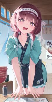 1girl blue_bow blue_eyes blue_kimono blush bow brown_hair commentary drooling food girls_band_cry h0kori highres indoors iseri_nina japanese_clothes kimono looking_at_viewer low_twintails menu mouth_drool noodles open_mouth ramen short_hair short_twintails solo star-shaped_pupils star_(symbol) symbol-only_commentary symbol-shaped_pupils teeth translation_request twintails upper_teeth_only